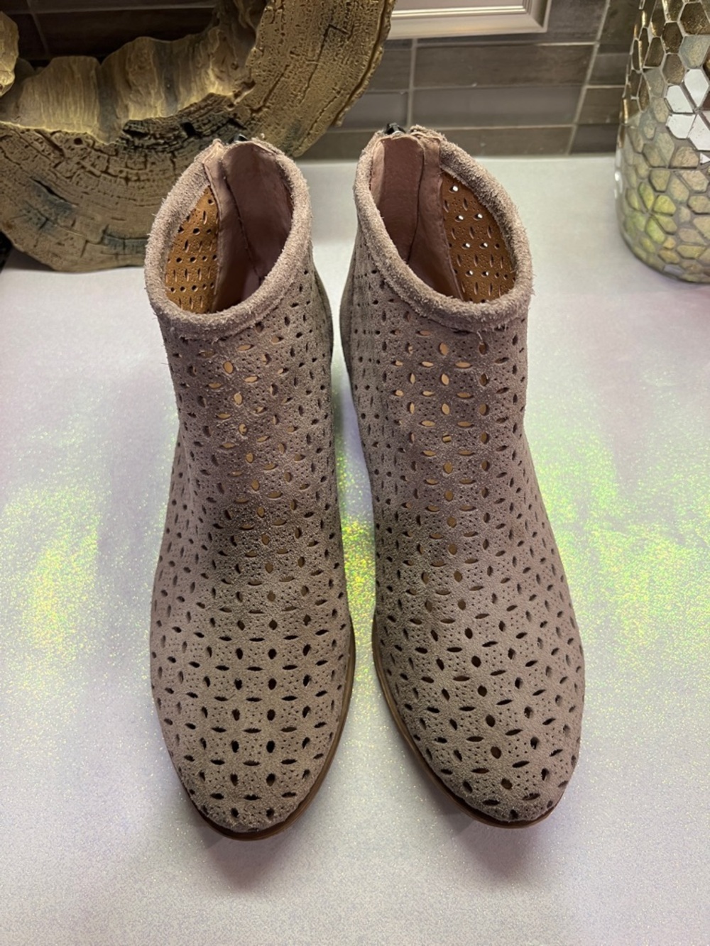 Lucky Brand Taupe Perforated Suede Ankle Booties